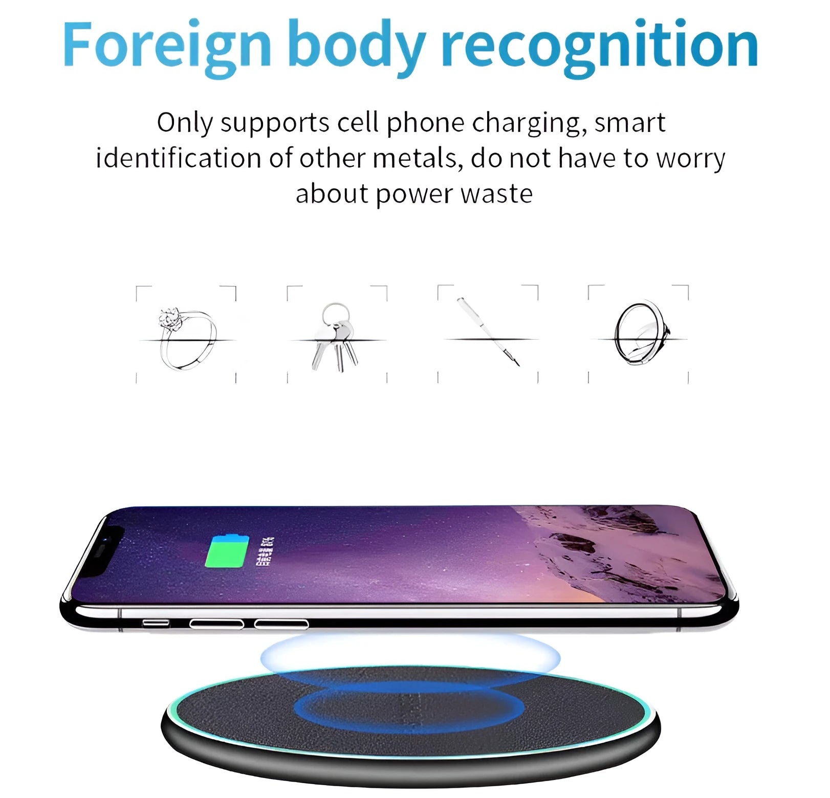 Black circular wireless charging pad for iPhone 11 with LED indicator light