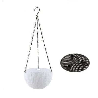 Plastic hanging basket planter with inner tank on a metal chain, shown in multiple colour options.