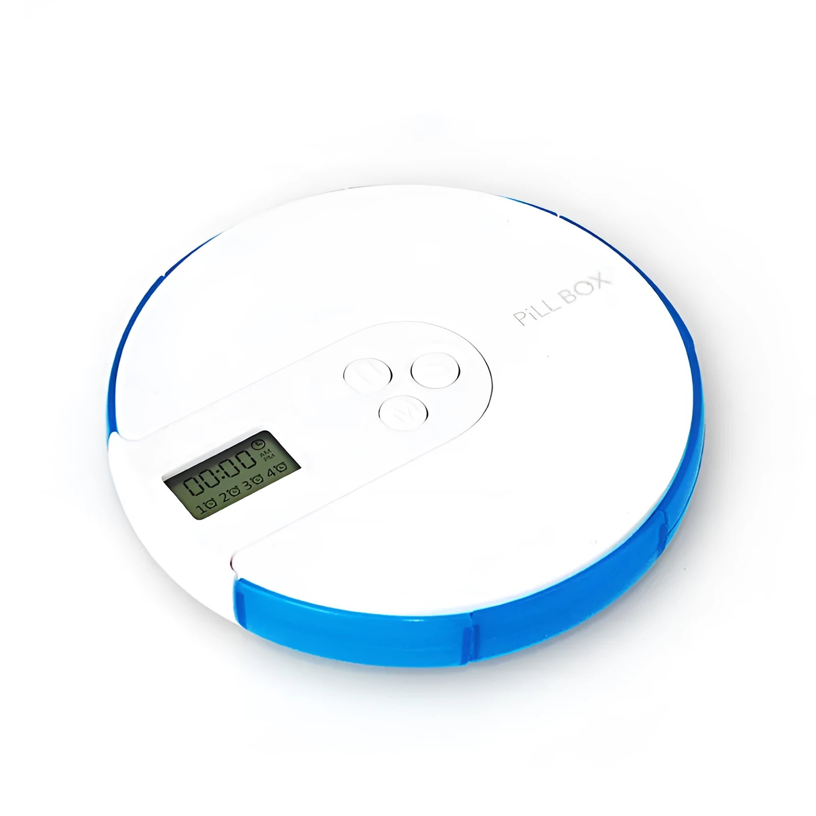 Blue 7-compartment alarm clock pill dispenser showing timer display and open lid with compartments.