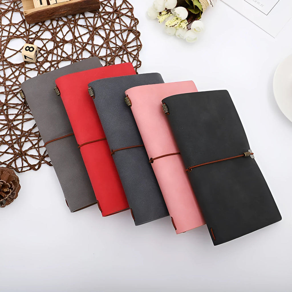 A6 48K leather look notebook with cowhide rope tie, grey cover, closed with rope