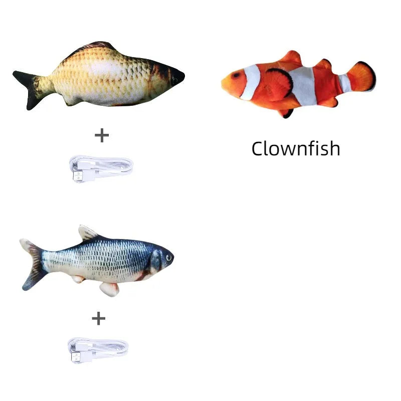 Multicolour electronic fish cat toy measuring 30cm with USB charging cable