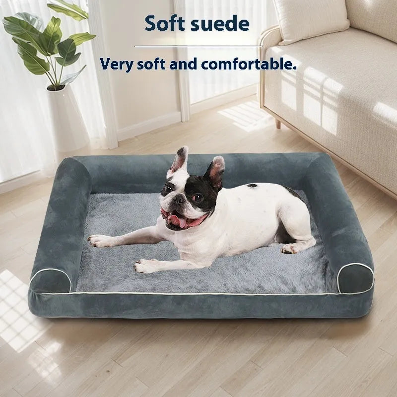 Square sponge dog bed with cloth cover in blue colour, showing breathable cooling design