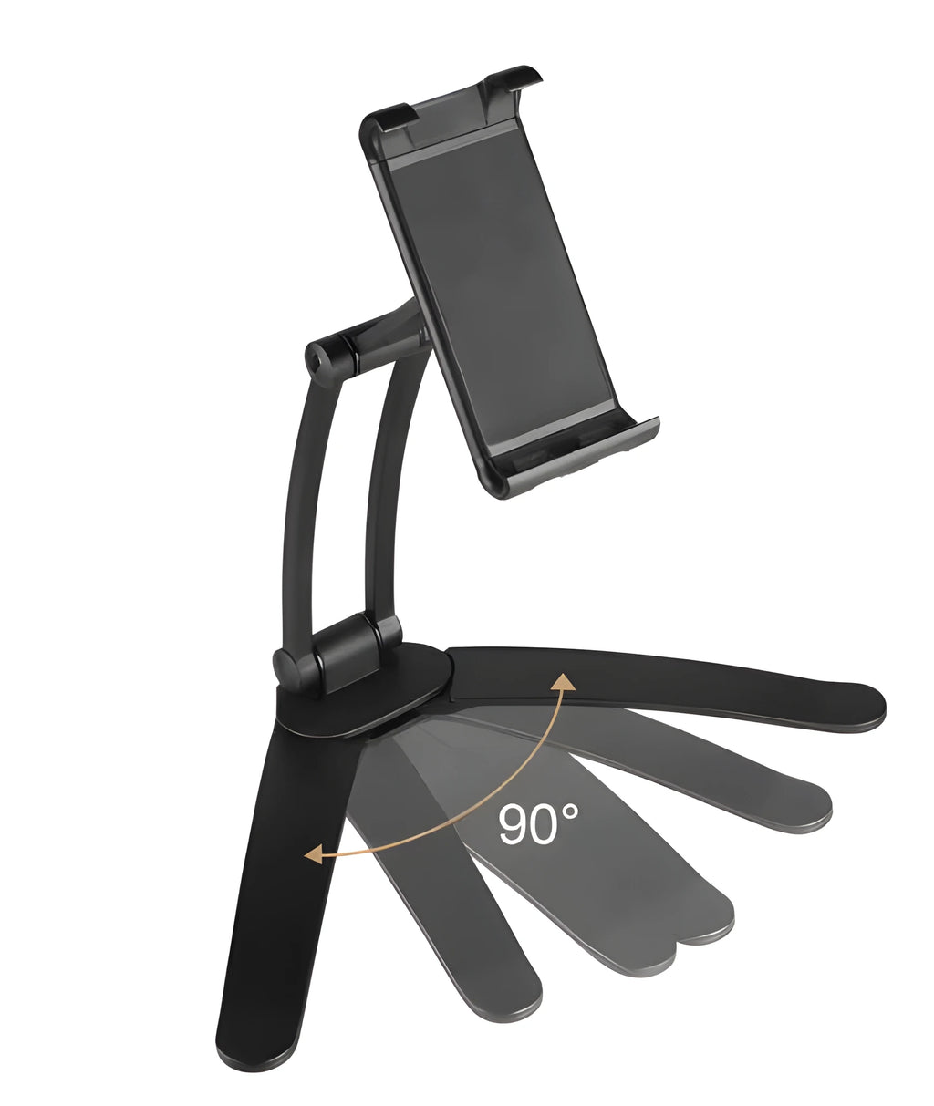 Silver aluminum alloy desktop tablet stand holding a tablet at adjustable angle with white mounting base