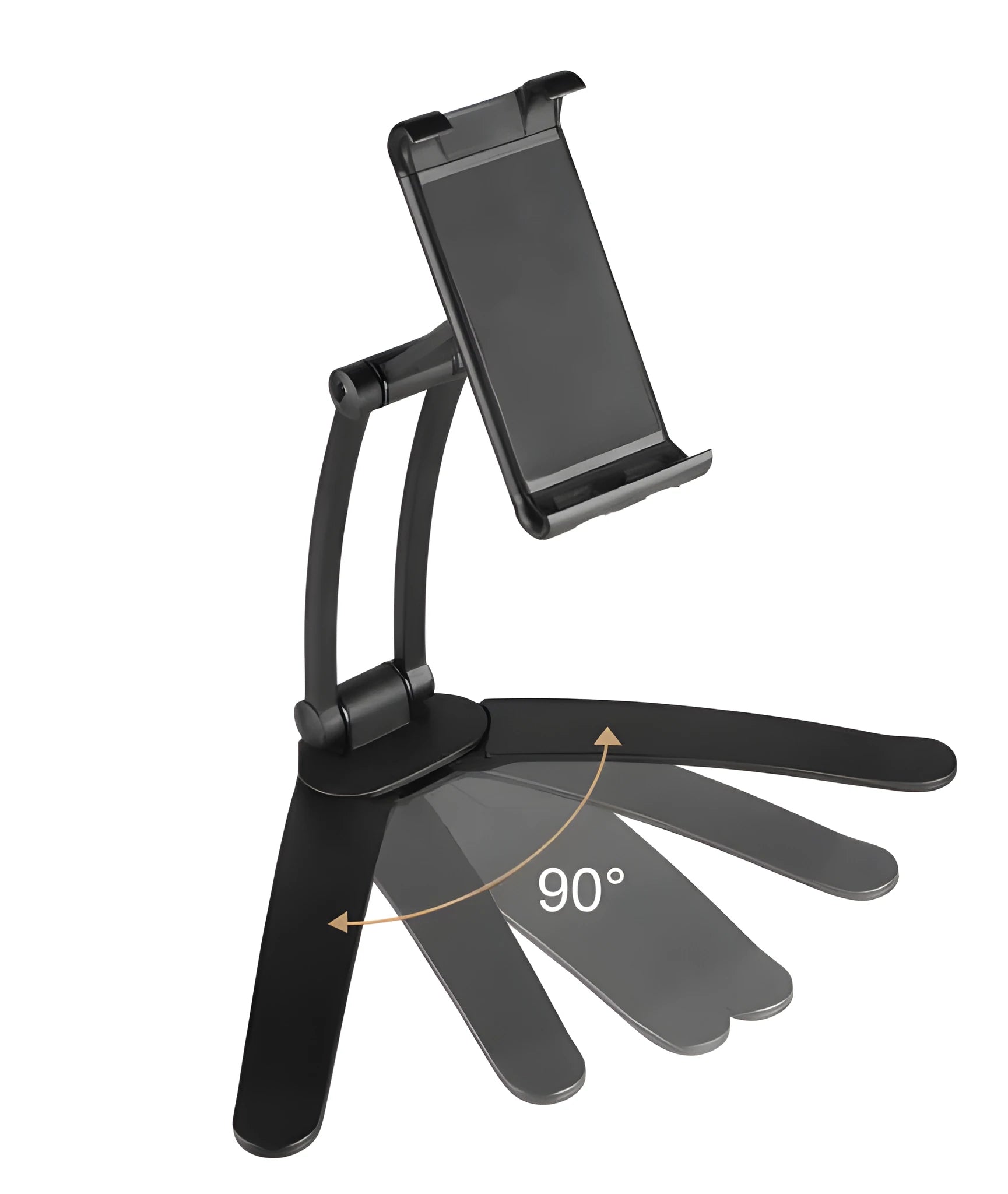 Silver aluminum alloy desktop tablet stand holding a tablet at adjustable angle with white mounting base