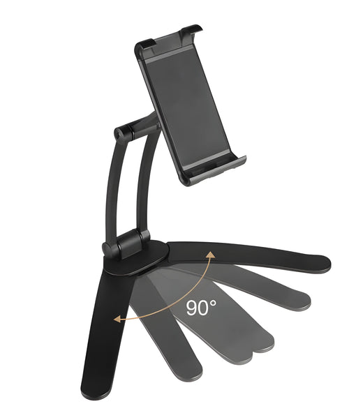 Silver aluminum alloy desktop tablet stand holding a tablet at adjustable angle with white mounting base