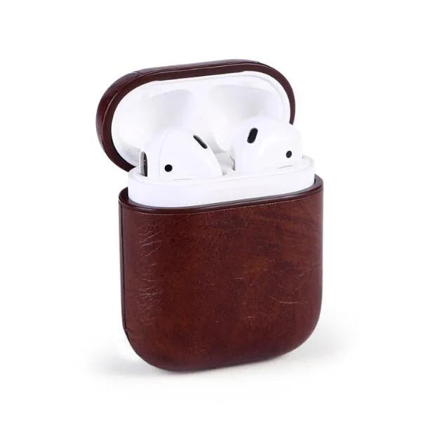 Genuine leather protective pouch for Apple Airpods charging case in black, brown, light brown, and red colours.