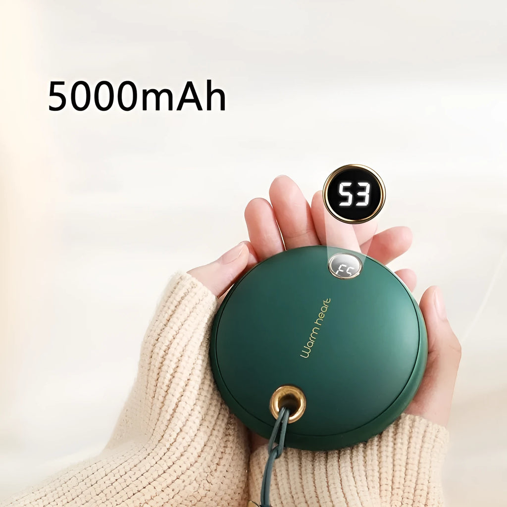 Green, pink or white portable power bank with digital display and integrated hand warmer function