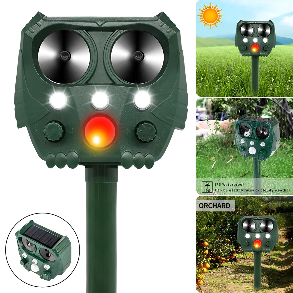 Green solar ultrasonic animal repeller unit with LED strobe lights for outdoor pest control.