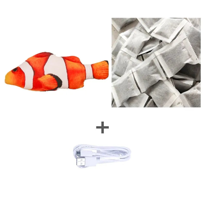 Multicolour electronic fish cat toy measuring 30cm with USB charging cable