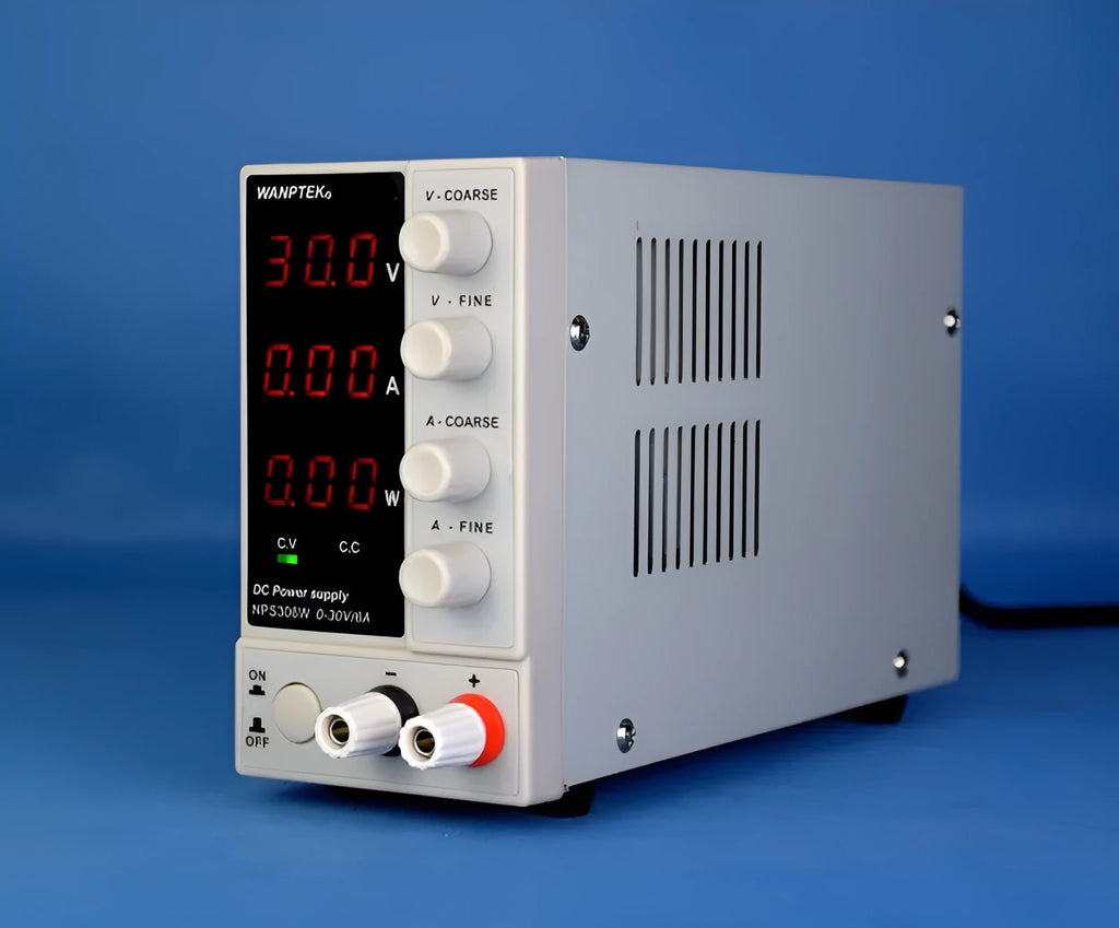 White NPS605W adjustable DC bench power supply with digital displays for voltage and current settings.