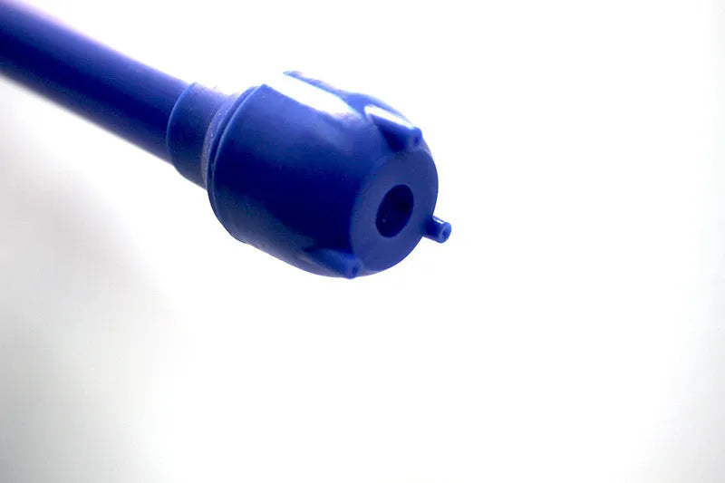 Blue manual hand siphon pump for transferring fuel and oil to small engines.