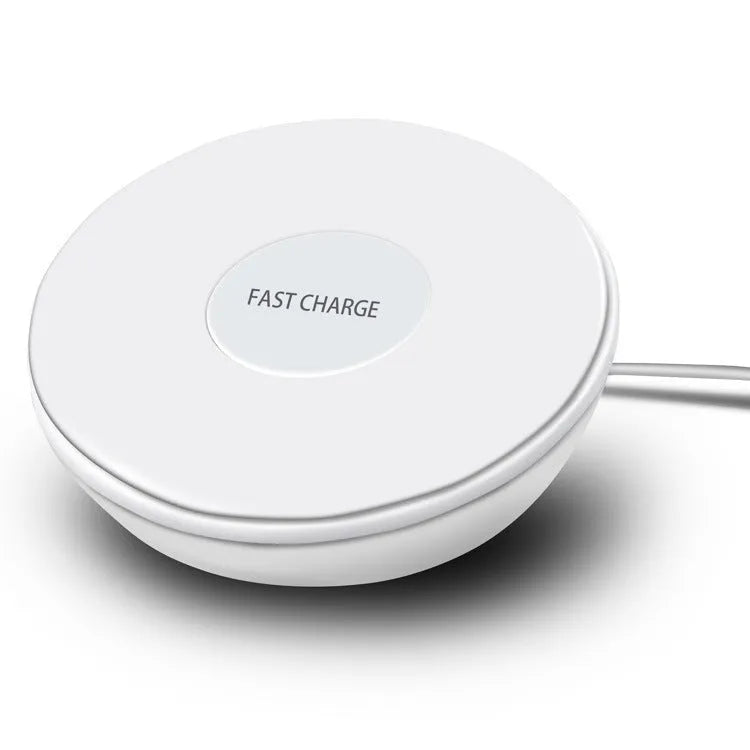 White slim QI wireless charger with LED clock display for mobile phones.