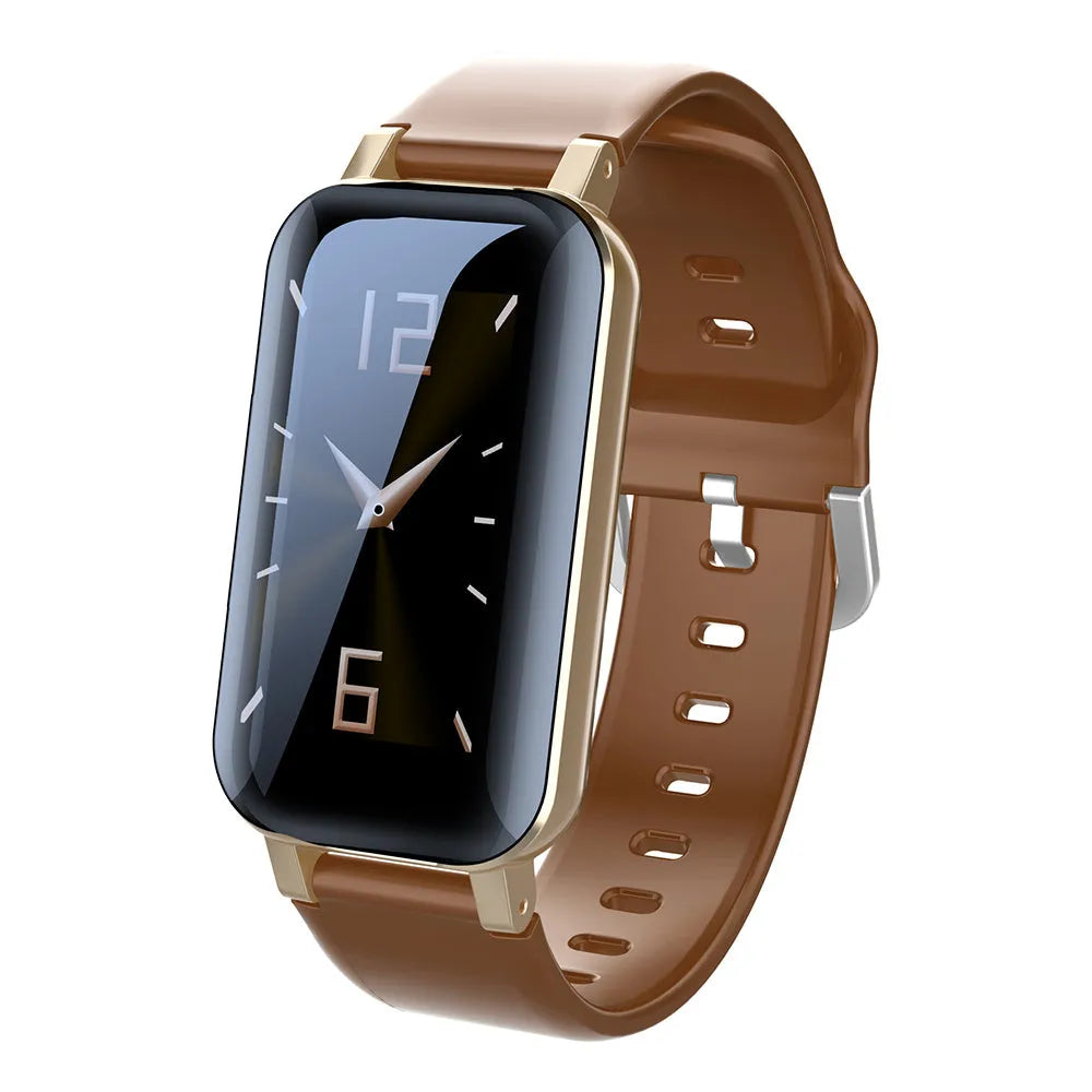 Call Bracelet smart fitness tracker in Black, Blue and Coffee colours on a wrist, showing heart rate monitoring.