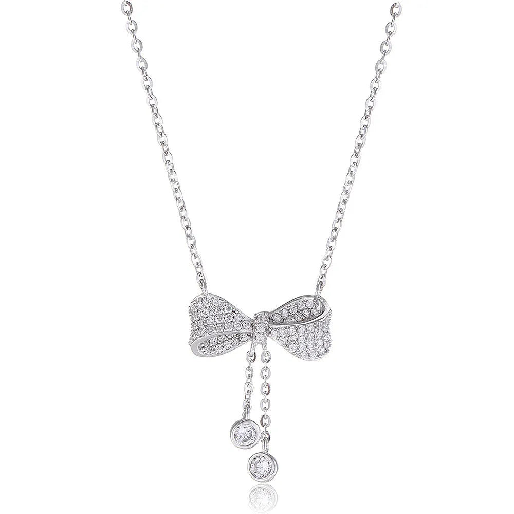 S925 sterling silver bow pendant necklace on O-ring chain with adjustable 40-45cm length