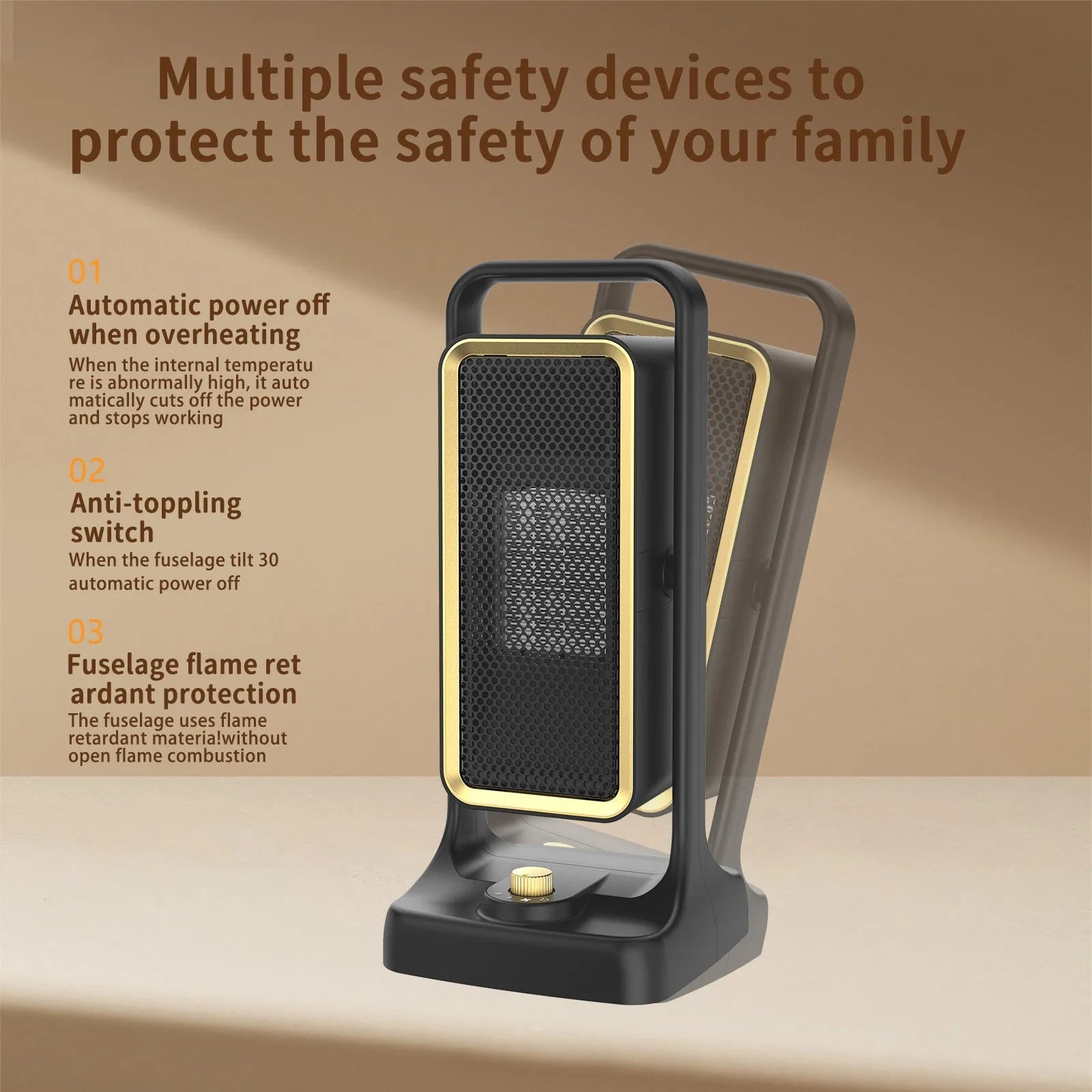 Black vertical desktop PTC ceramic heater with control knob and air vents