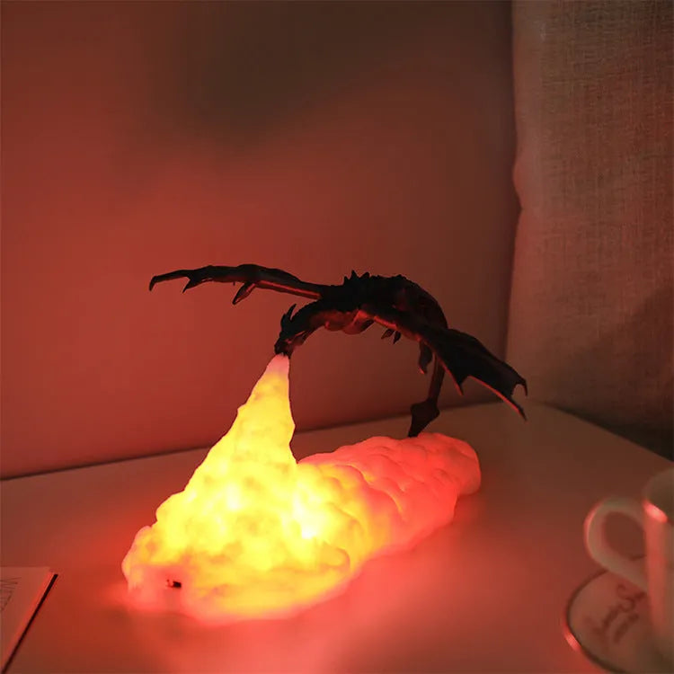 3D printed dragon-shaped night light with red breathing LED glow on a dark surface