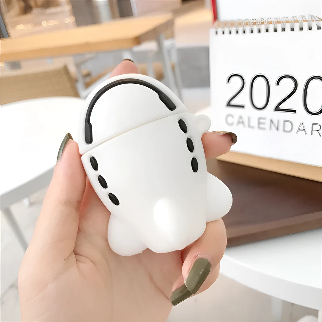 Cartoon airplane themed silicone flip case for Apple AirPods 1 and 2 with a metal carrying hook attached.