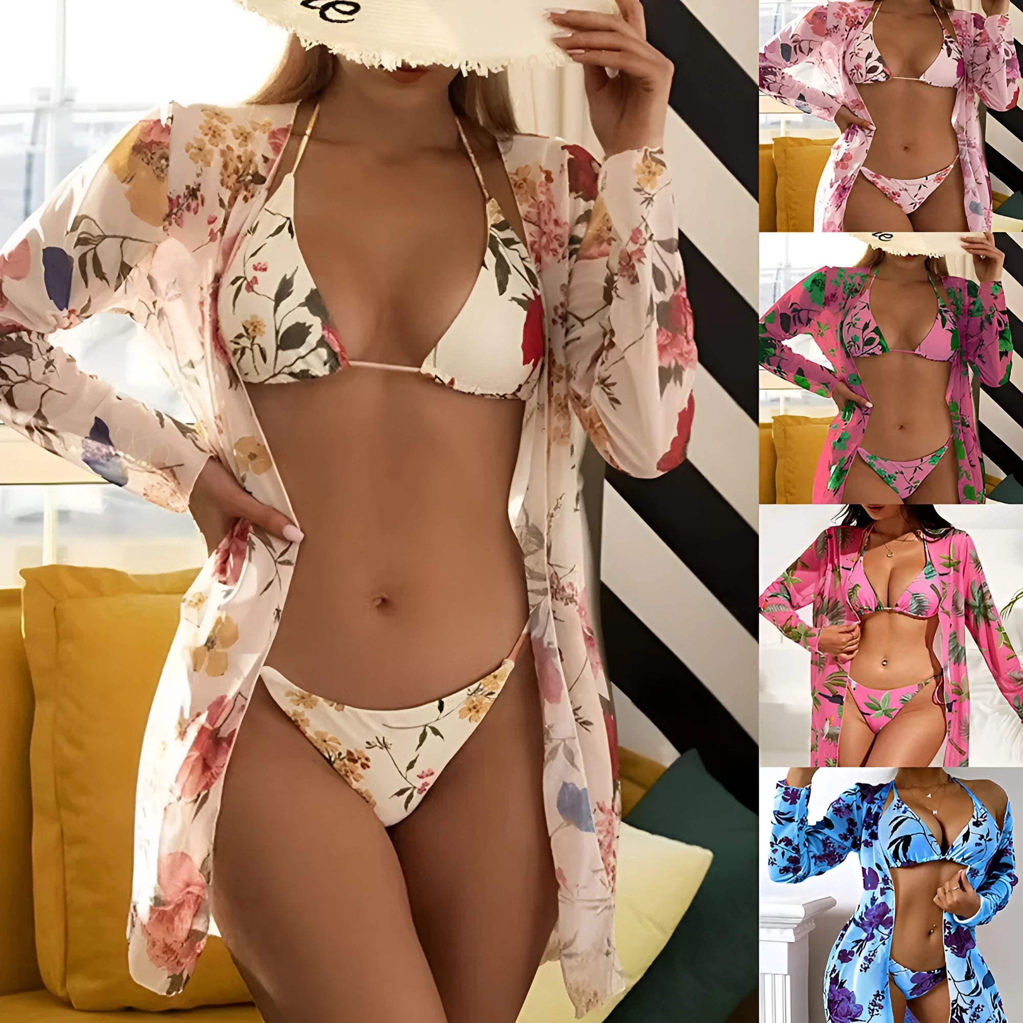 Women's floral printed mesh swimsuit three-piece set showing bra, trunks, and cover-up blouse