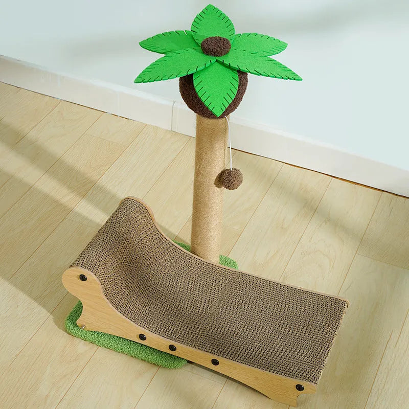 Solid wood beach chair style cat climbing frame with integrated hideaway nest and hemp-wrapped scratching column.