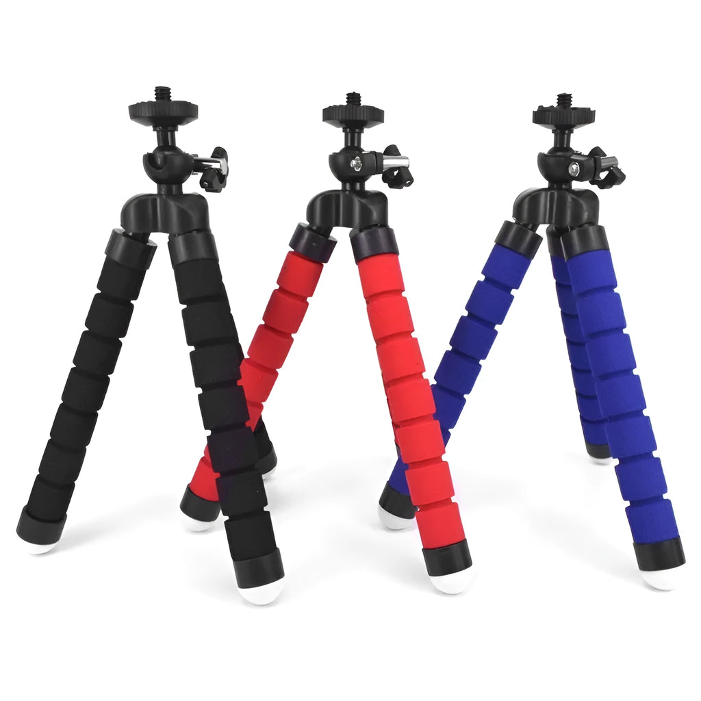 Black flexible octopus tripod with wrapped legs holding a smartphone next to a camera.