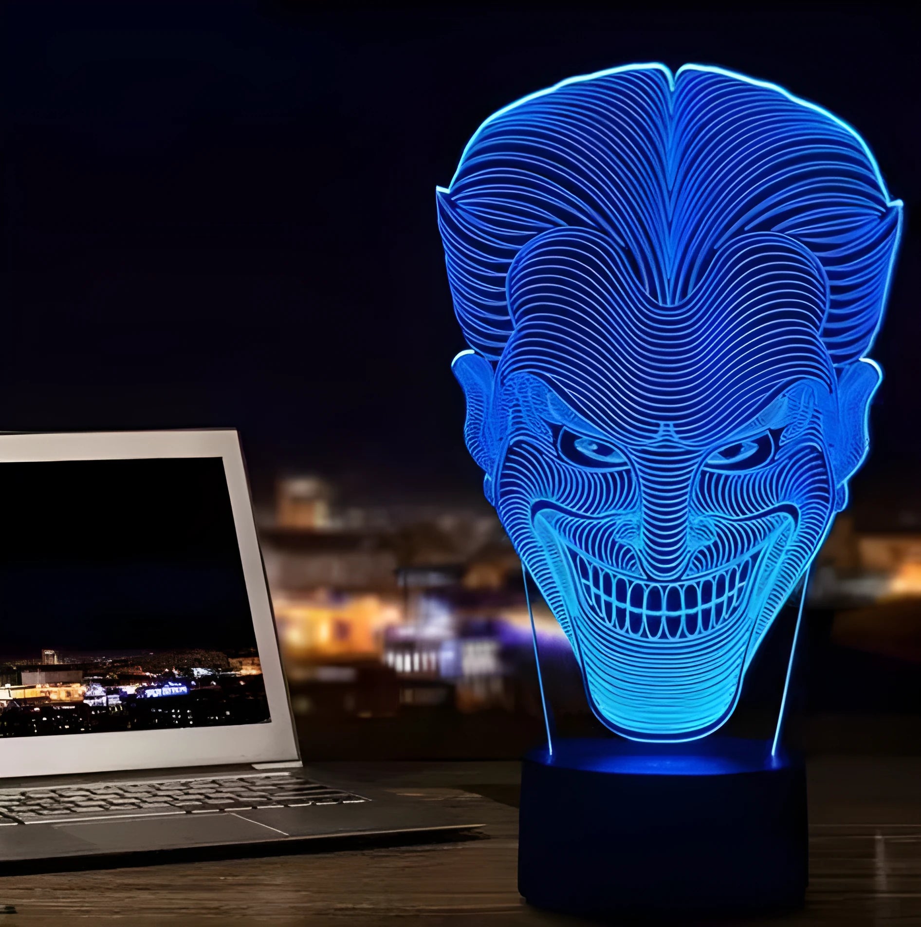 3D acrylic LED lamp showing colourful illumination on a square base, with remote control and USB cable