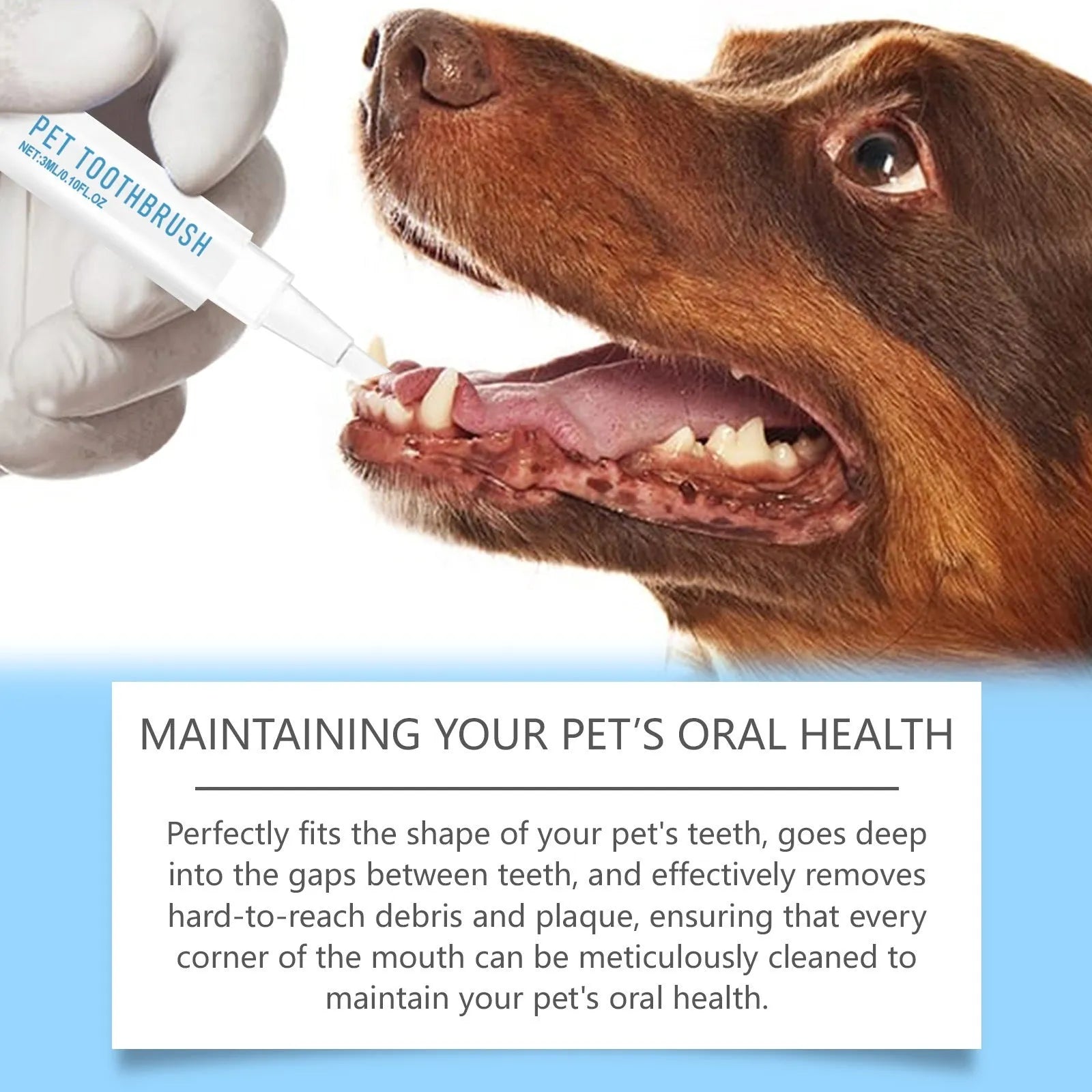 Pet toothbrush pen with 3ml breath-care gel and soft applicator brush for dogs and cats.
