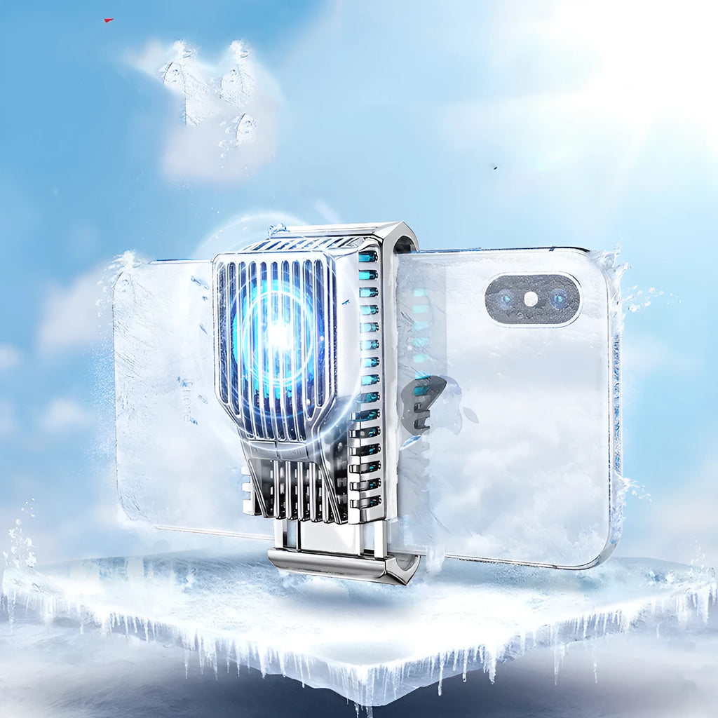 Black mobile phone radiator clip cooler with aluminium heatsink attached to smartphone