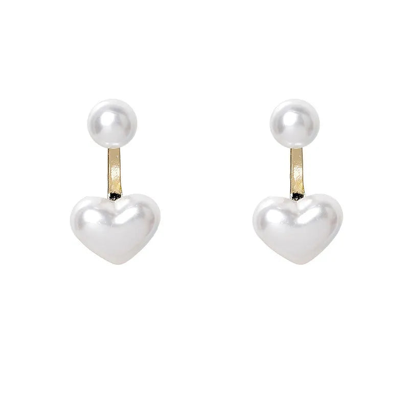 Heart-shaped pearl stud earrings with electroplated alloy construction and Korean-style design