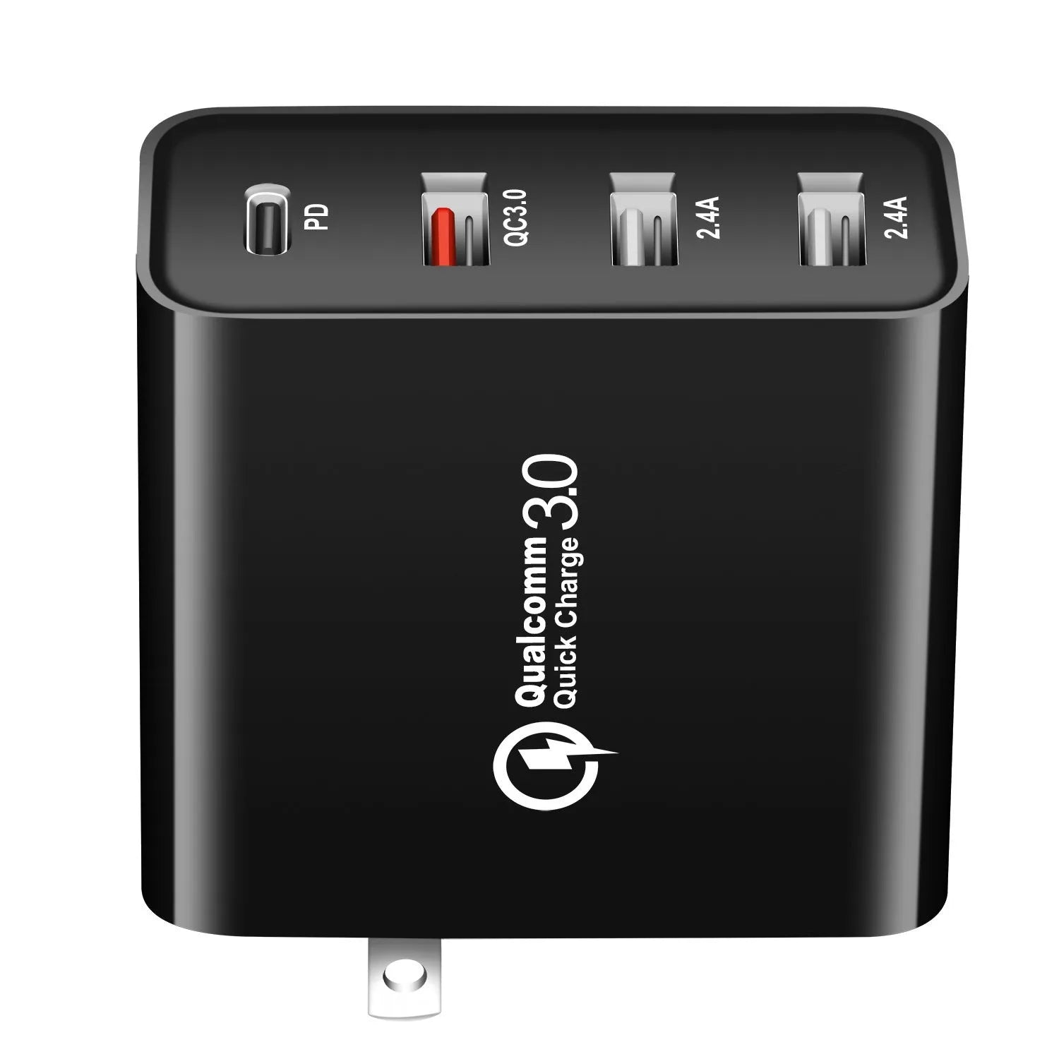 Black 48W four-port USB-C PD fast charger with LED indicators showing charging status