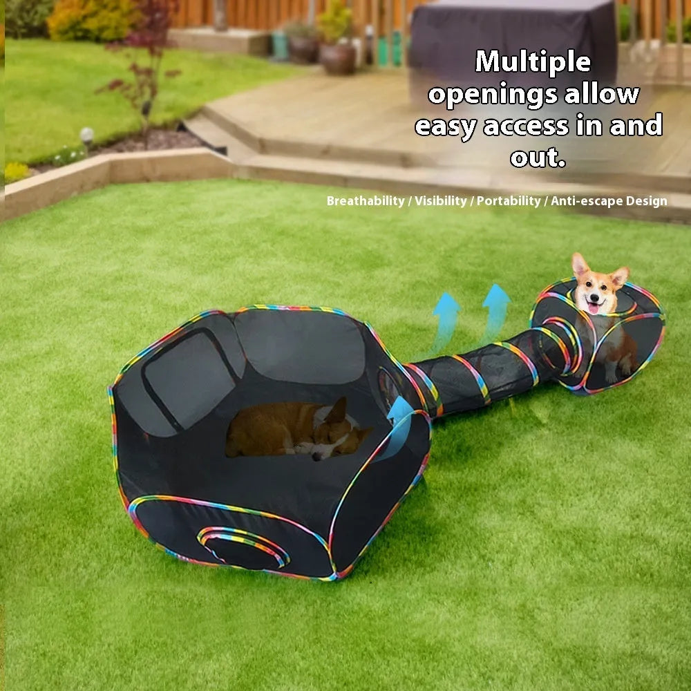 Foldable mesh cat play tunnel in multiple shapes including hexagonal, long straight, tee, tent and square designs