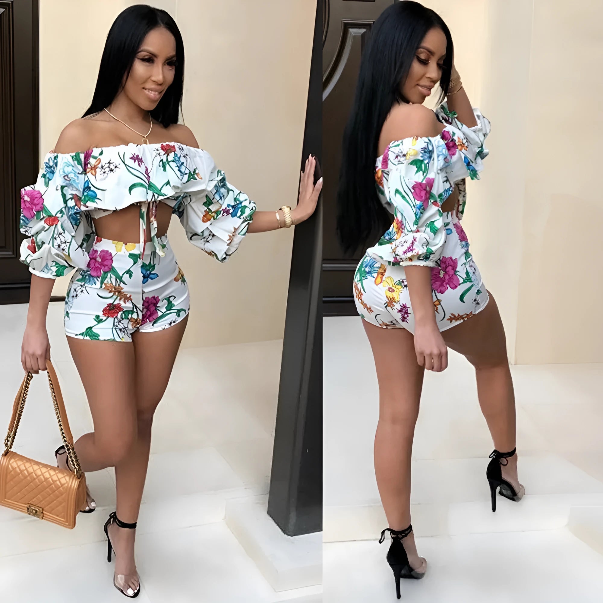 Sexy multicolour digital print two-piece set with long-sleeve pile top and matching shorts.
