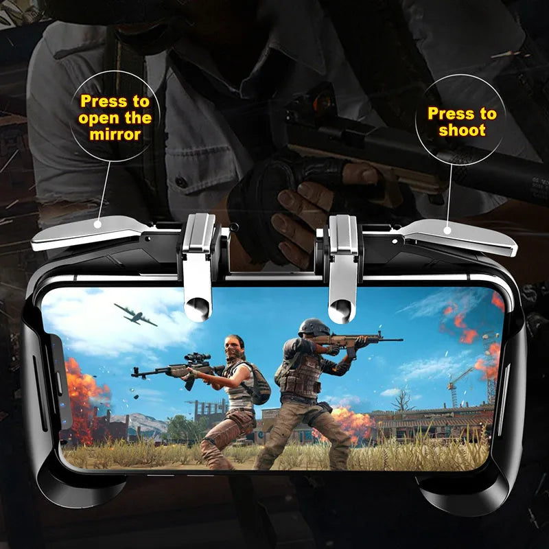 Black Bluetooth mobile game handle with telescopic arms extended, holding a smartphone