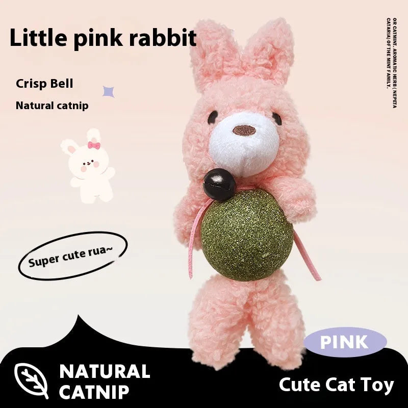 Plush catnip ball toy with mint ball inside and bell, measuring 15cm high, in assorted animal colour designs