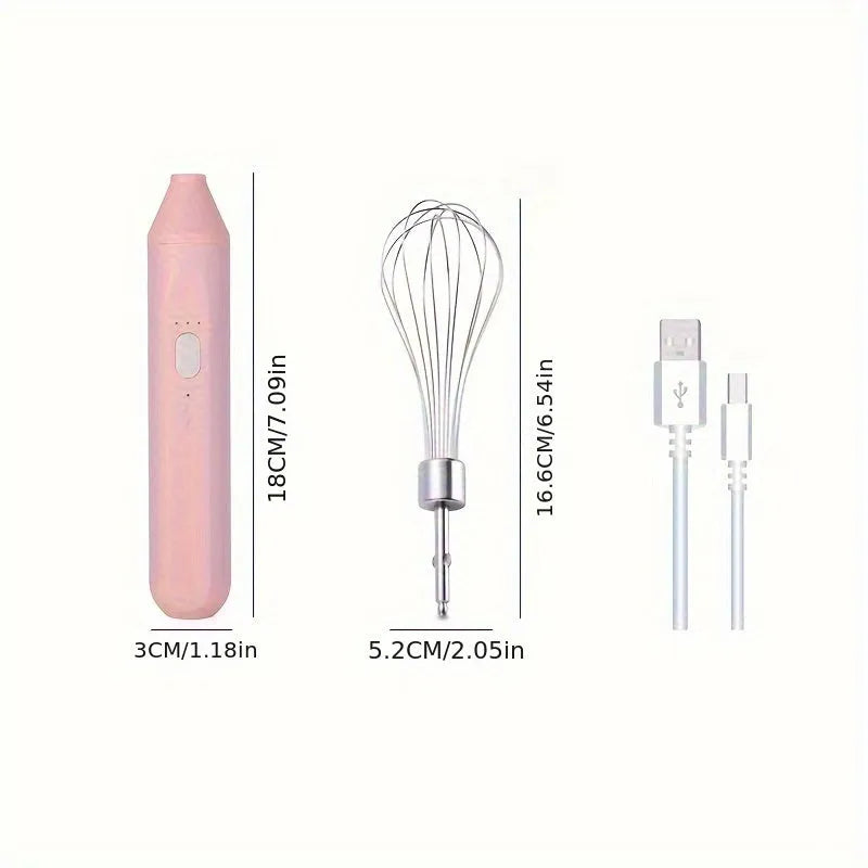 Hand-held wireless electric whisk in black and pink, with straight handle and stainless steel whisk attachment