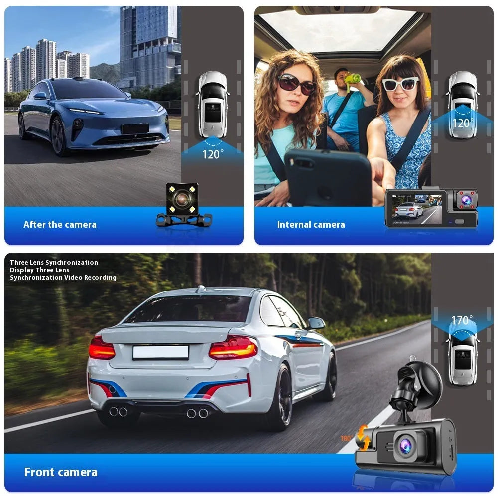 Wi-Fi enabled car dash cam with 2-inch screen on a windscreen, showing a rear-view reversing camera image.