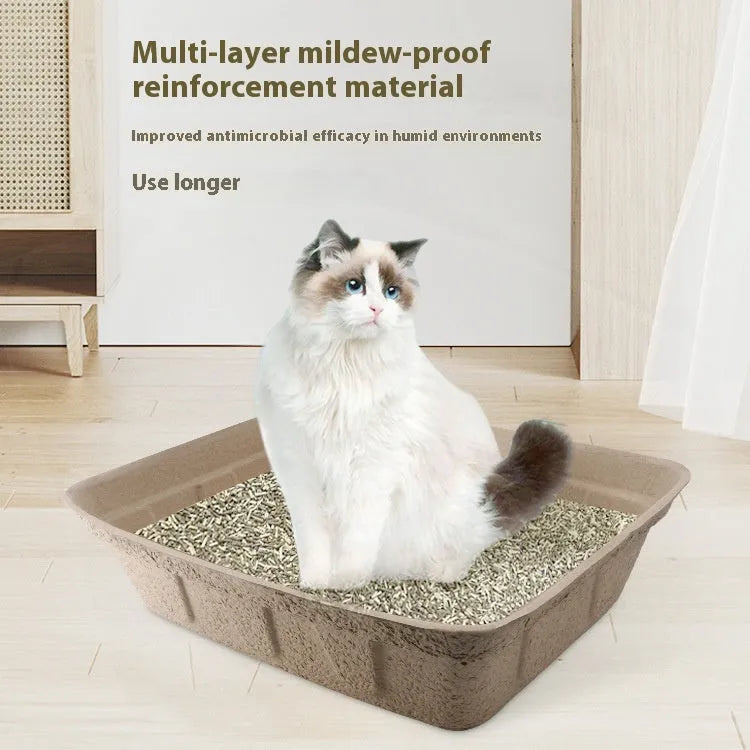 Brown disposable biodegradable cat litter box showing three size options for small litter trays