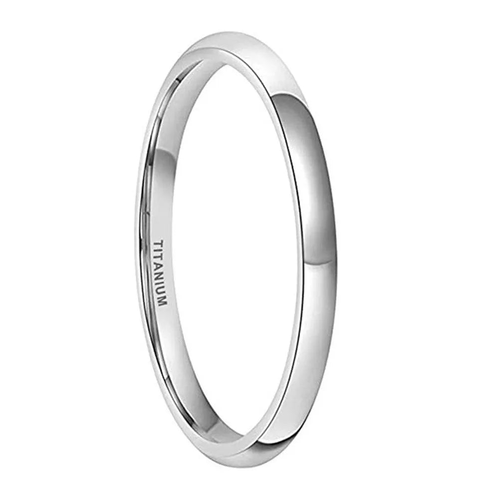 Silver titanium steel band ring shown in different widths on a hand.