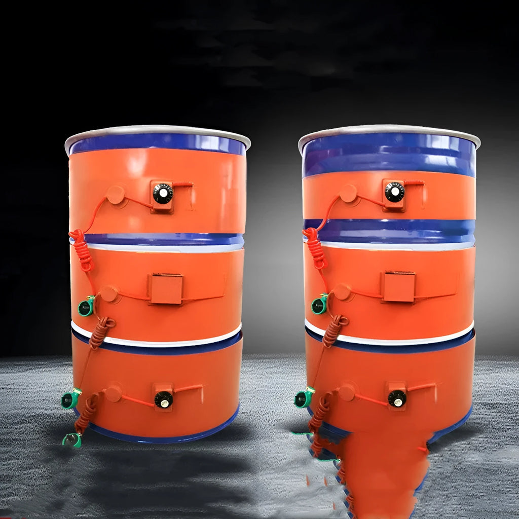 Silicone rubber heating belt wrapped around a 200-litre oil drum with digital control unit.
