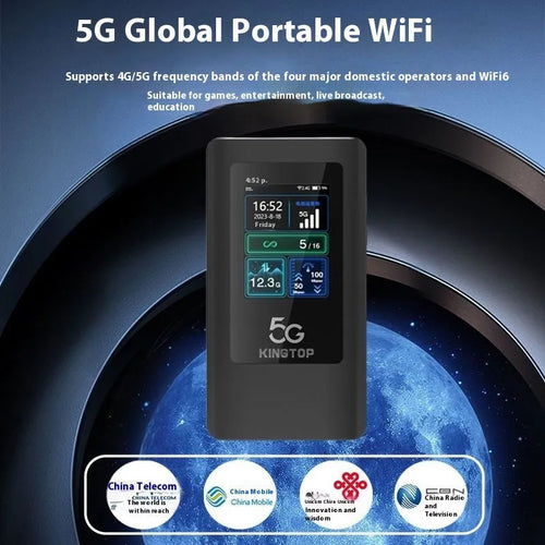 Black 5G portable Wi-Fi router with LCD display and TYPE-C port