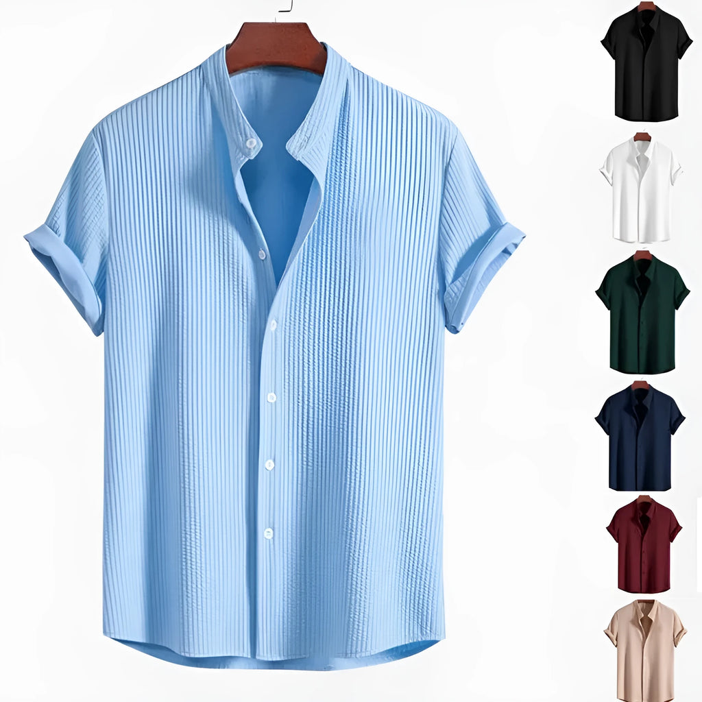 Men's loose fit short sleeve polyester shirt in multiple colour options showing Asian sizing