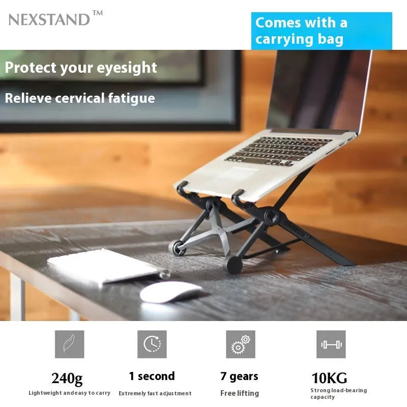 Sagacious black portable folding laptop stand with lifting function on a desk.