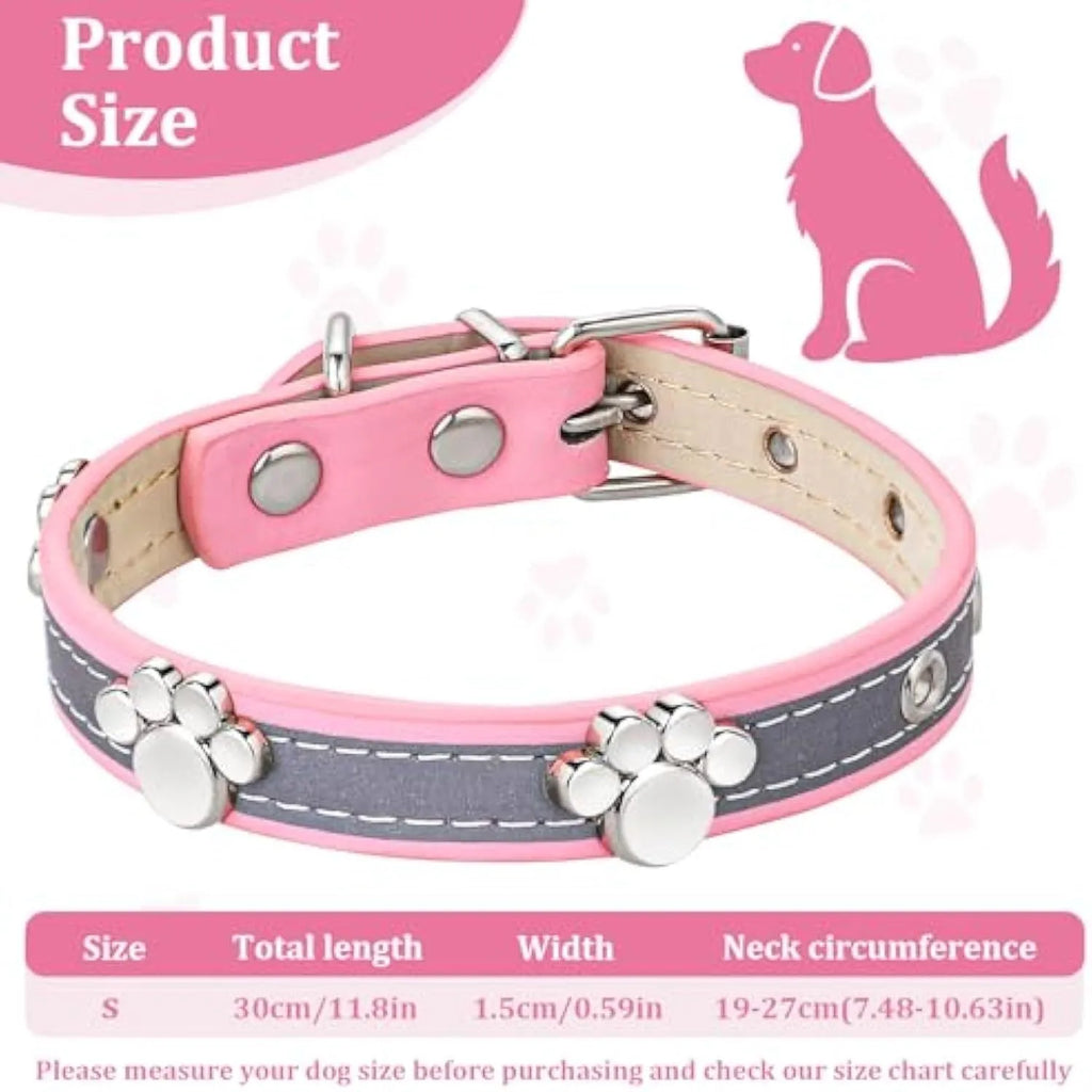 Reflective adjustable PU leather dog collar with a metal paw-shaped rivet on a size chart.