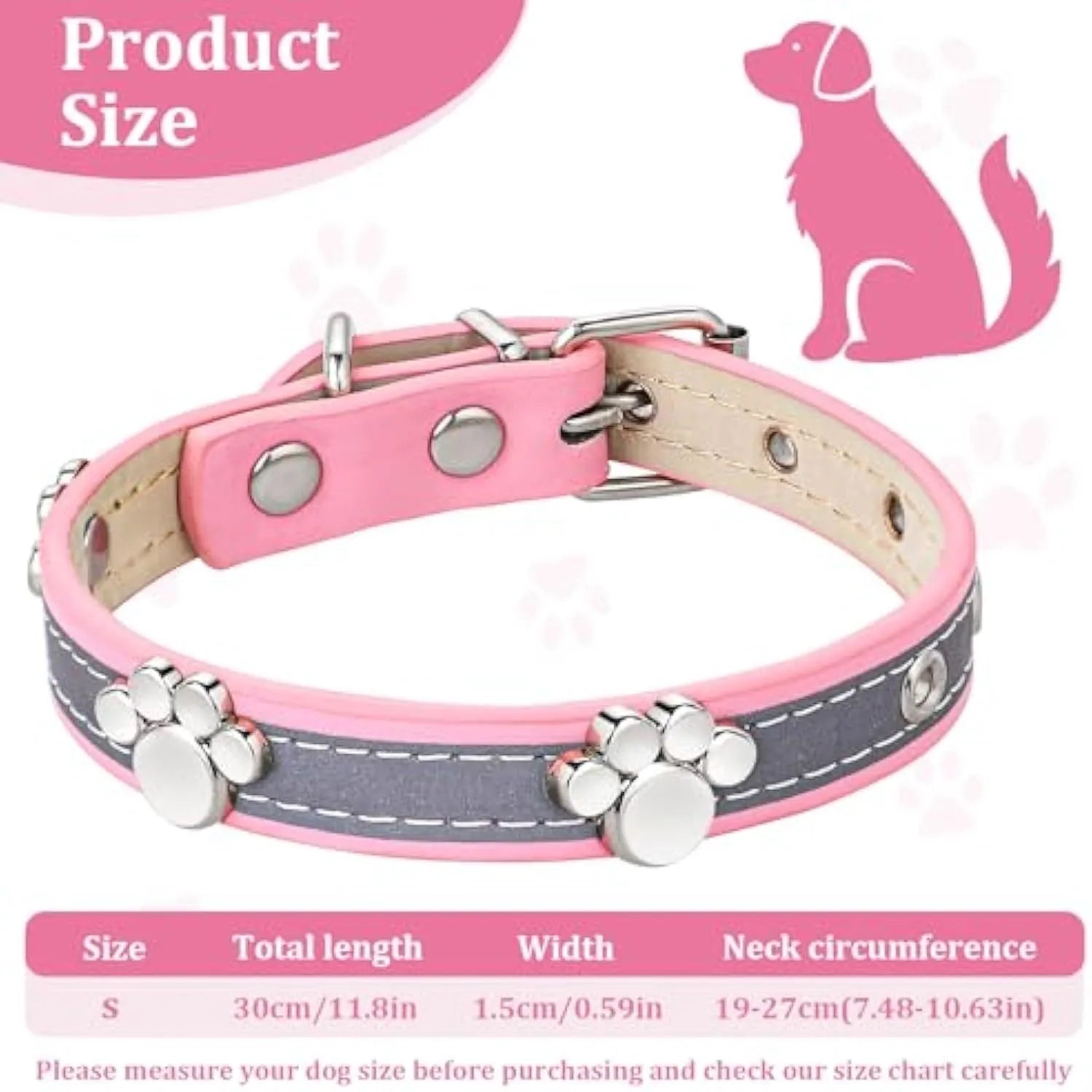 Reflective adjustable PU leather dog collar with a metal paw-shaped rivet on a size chart.