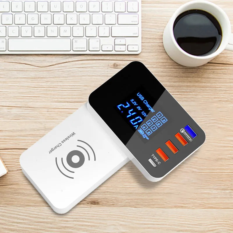 White multi-port wireless charger with USB ports measuring 64.5x98.6x56.5mm