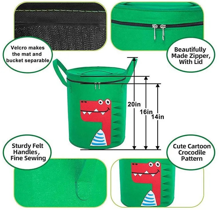 Green cube-shaped felt storage bag with a pull rope, shown as a toy organiser and play mat.