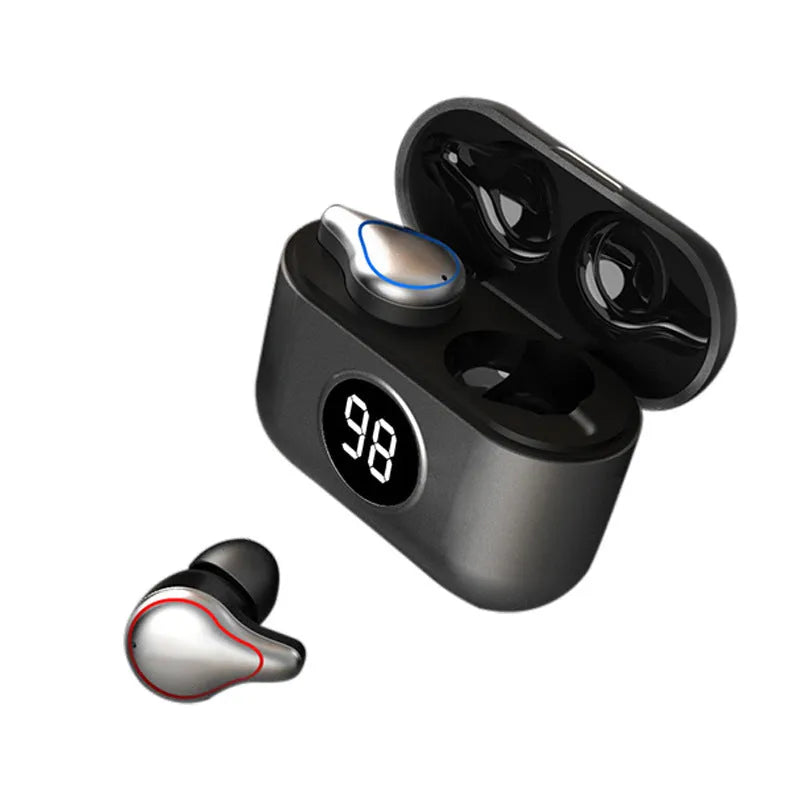 Black and blue in-ear Bluetooth headset with bilateral stereo earpieces for hands-free use.