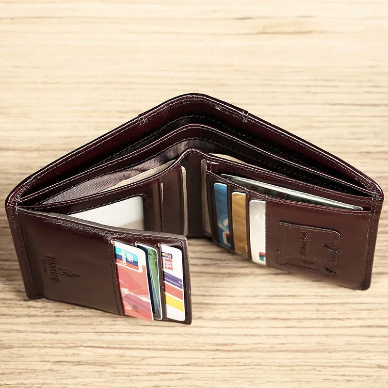 Men's leather wallet open showing photo slot, card holders, banknote section and change compartment