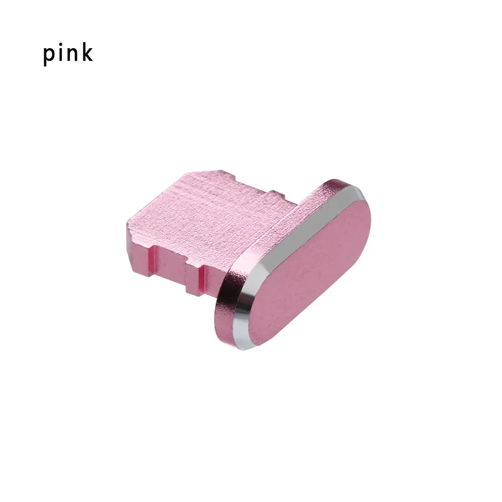 Aluminium alloy iPhone charging port dust plug in multiple colours including gold, silver, blue, red, grey, black, and rose gold.