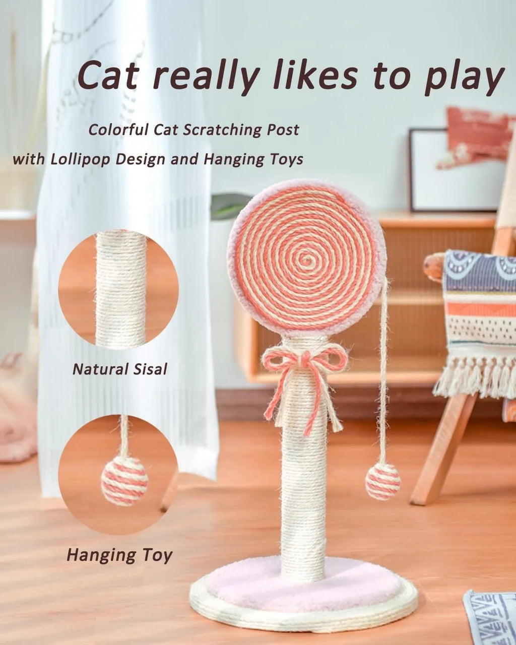 Blue cat scratching post with natural sisal rope and hanging ball on sturdy base