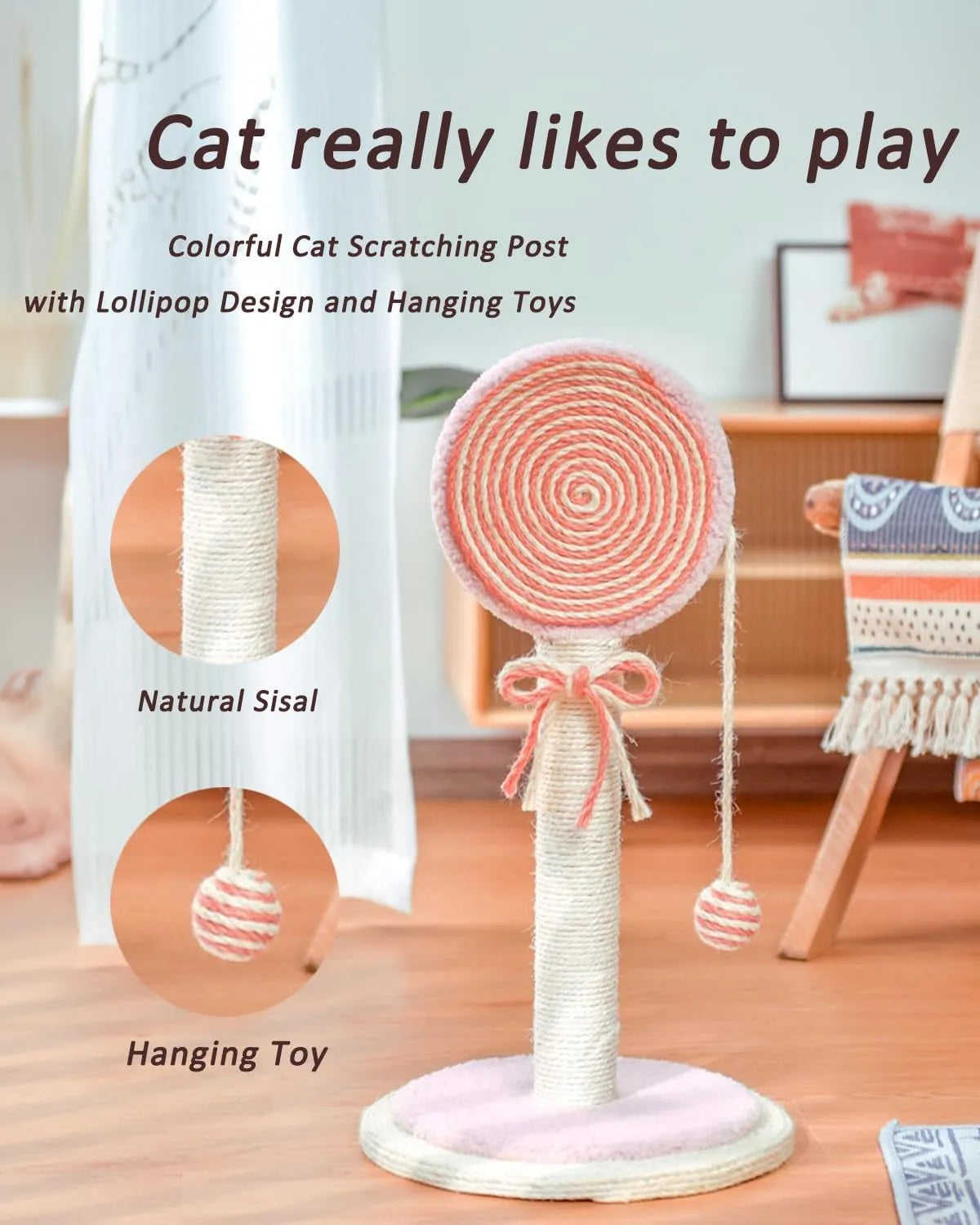 Blue cat scratching post with natural sisal rope and hanging ball on sturdy base